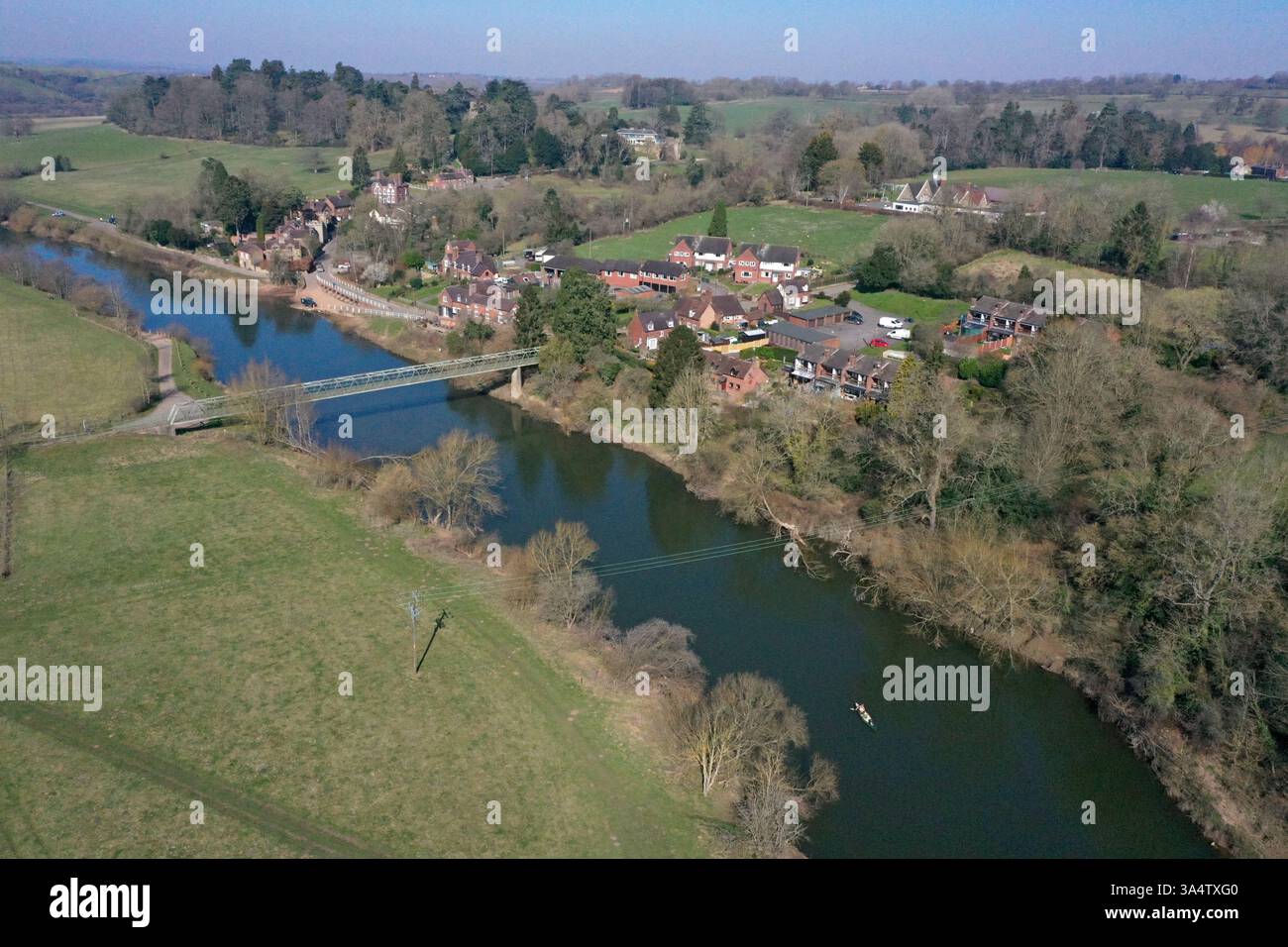 Areial drone view of the River Severn and footbraidge at Arley village, Shropshire, UK, March 2025 Stock Photo