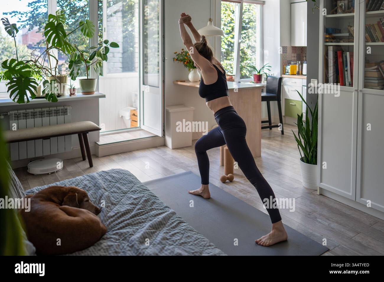 Athletic determined woman do morning fitness at home, stretching arms, healthy energized lifestyle Stock Photo