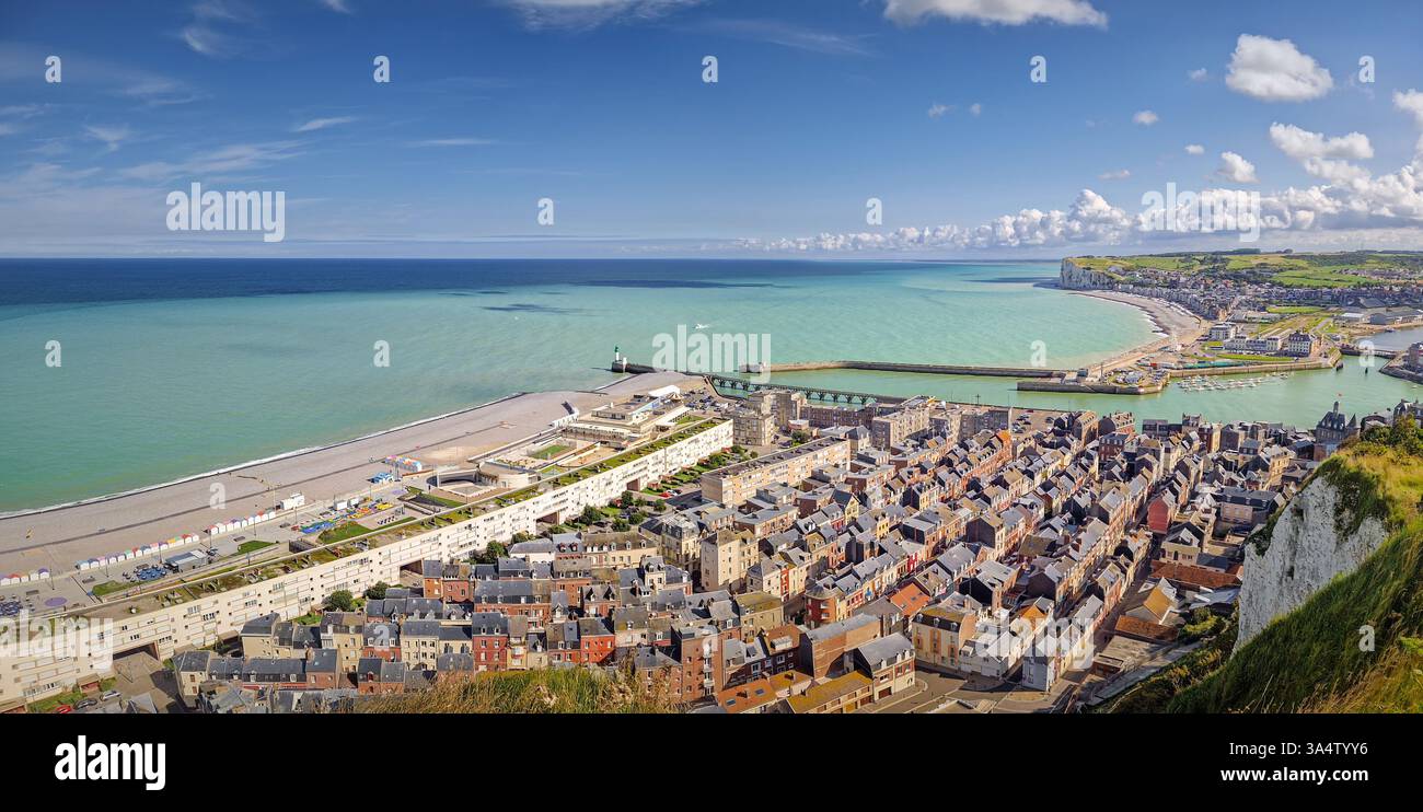 Le treport beach town panorama, Normandy, France. Seascape travel background, aerial panoramic view - Smartphone Captured Stock Image