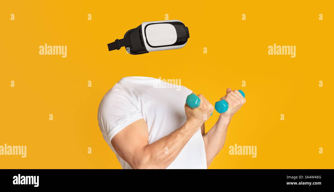 User interacts with virtual reality technology while exercising with weights Stock Photo