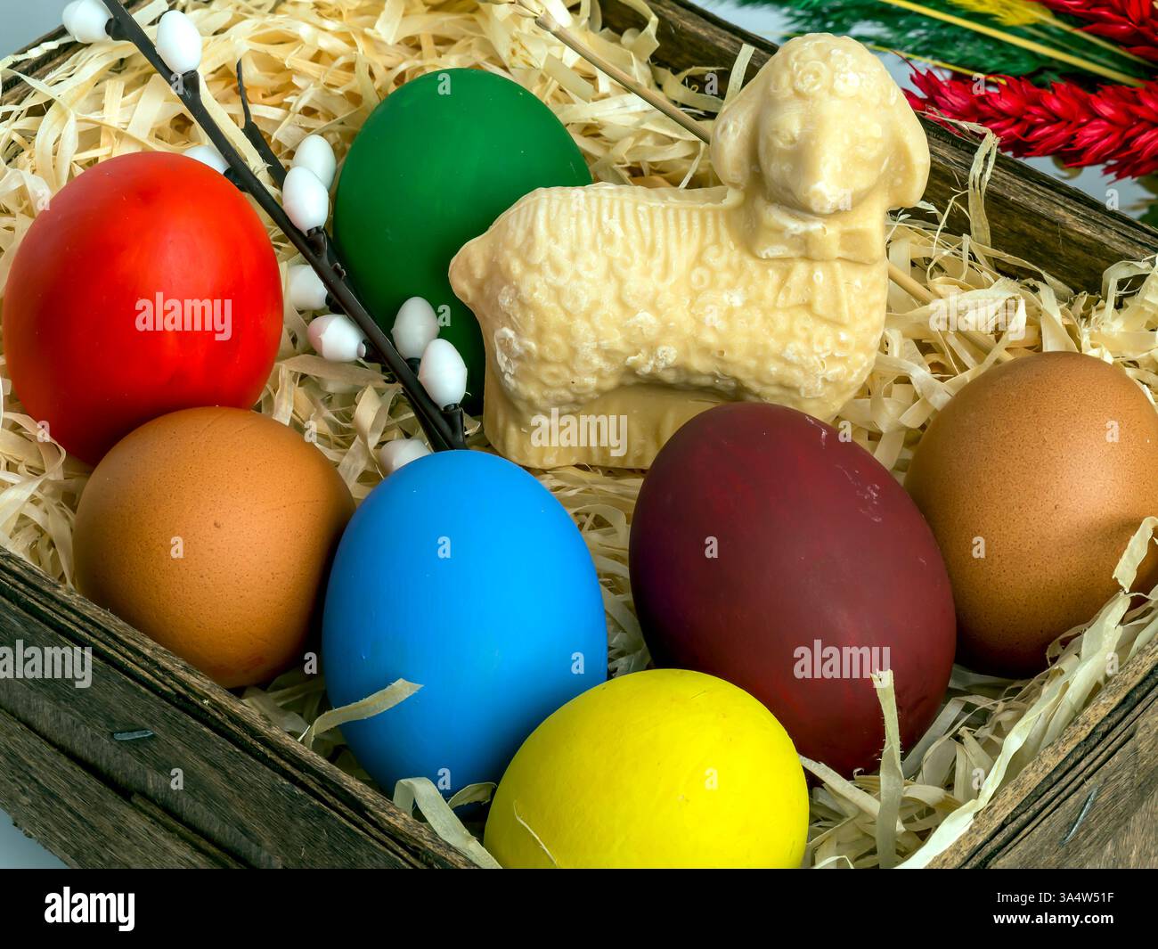 painted eggs in different colors, butter lamb, Easter palm and other elements, background, wallpaper Easter theme Stock Photo