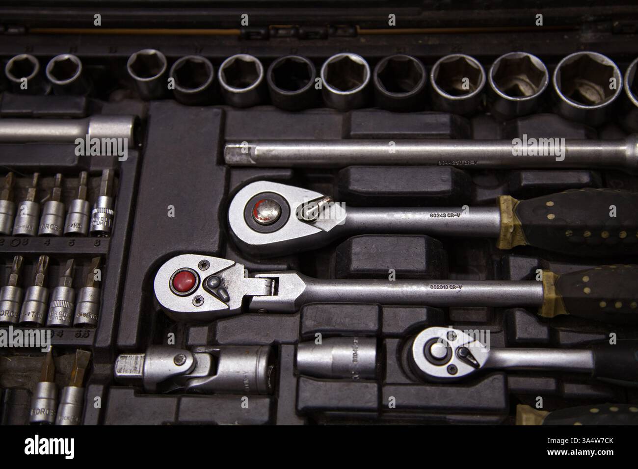Background with car tool set with ratchets and sockets Stock Photo