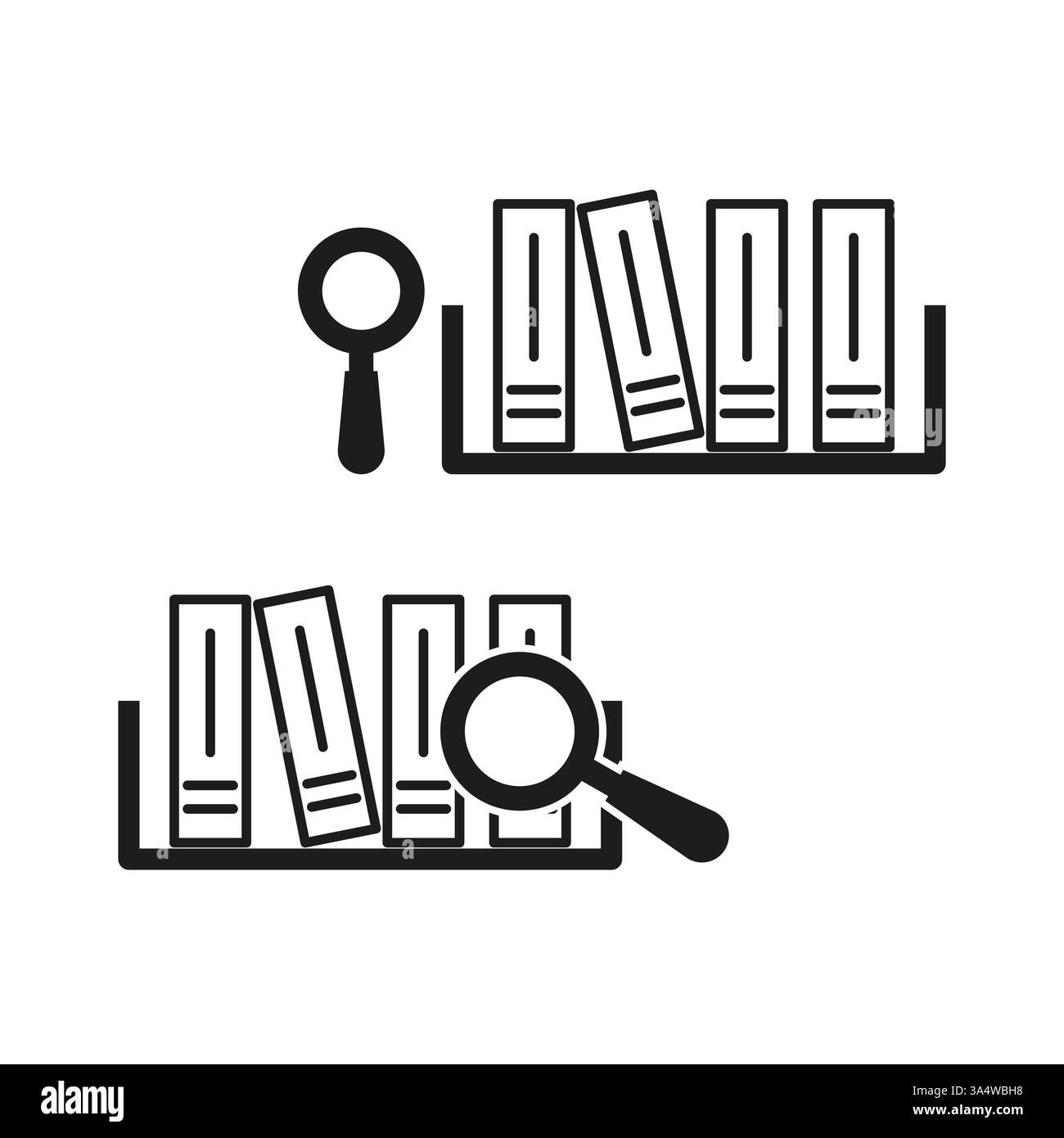 Bookshelf search icons. Magnifying glass symbol. Vector library concept ...