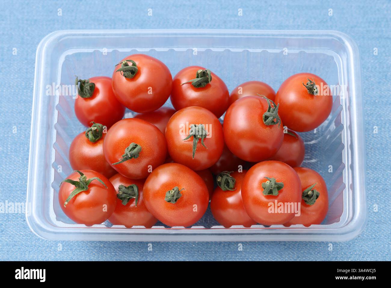 cherry tomatoes in a clear plastic container on table Stock Photo