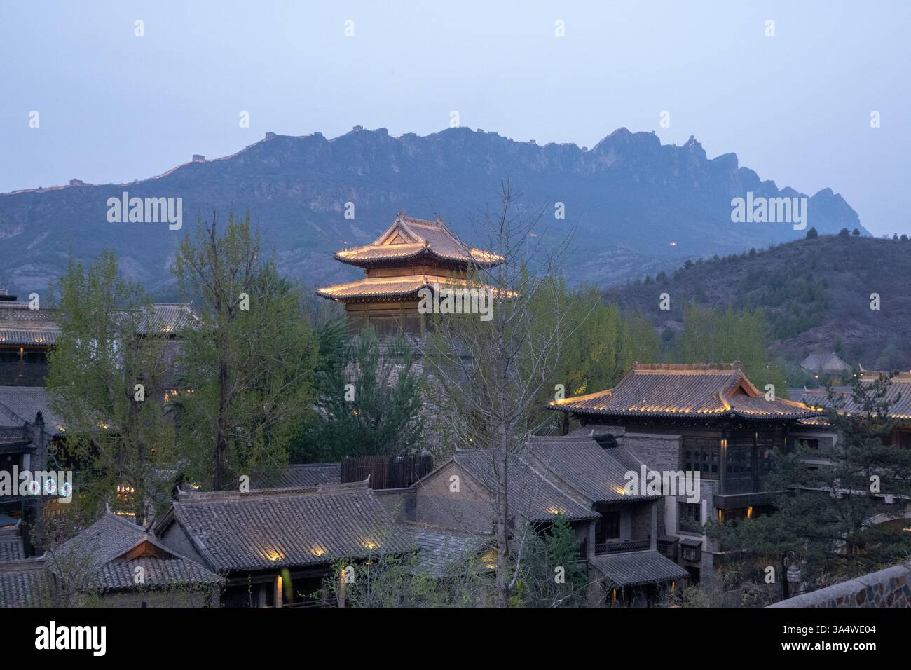 The Gubei Water Town, north of Beijing, is nestled at the foot of the Simatai Great Wall. Stock Photo