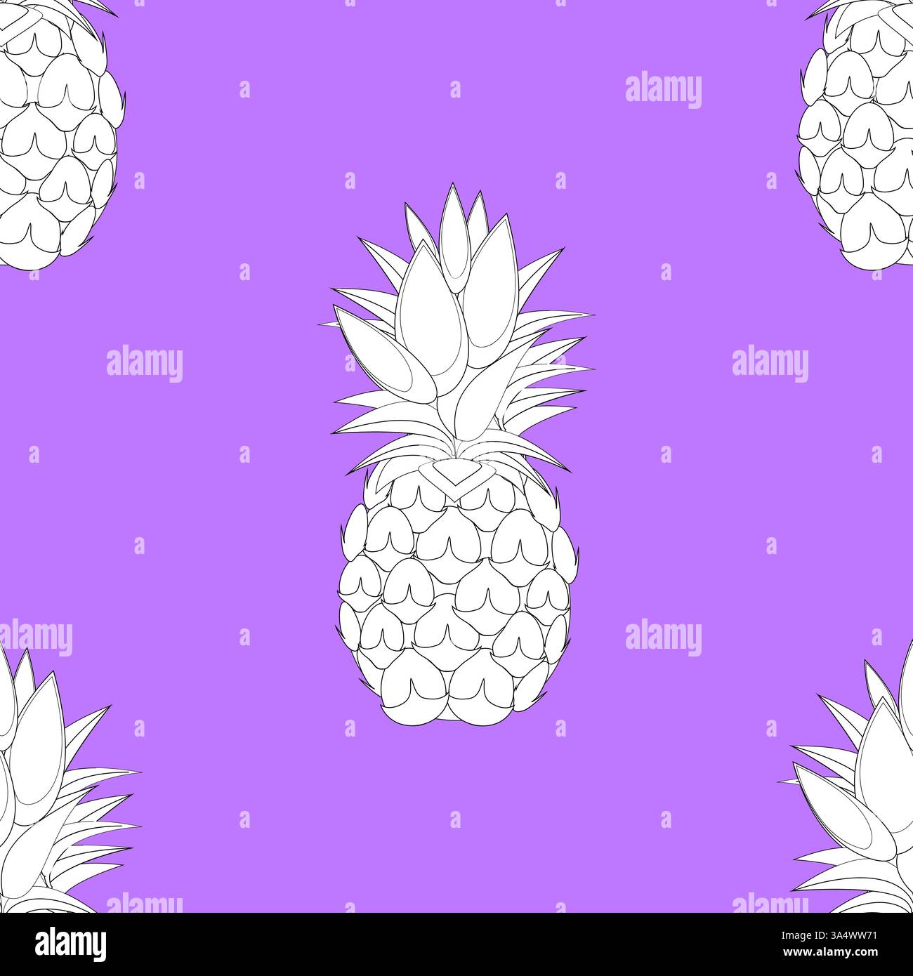 2d lined Pineapples fruit contour abstract seamless pattern on purple background wallpaper Stock Vector