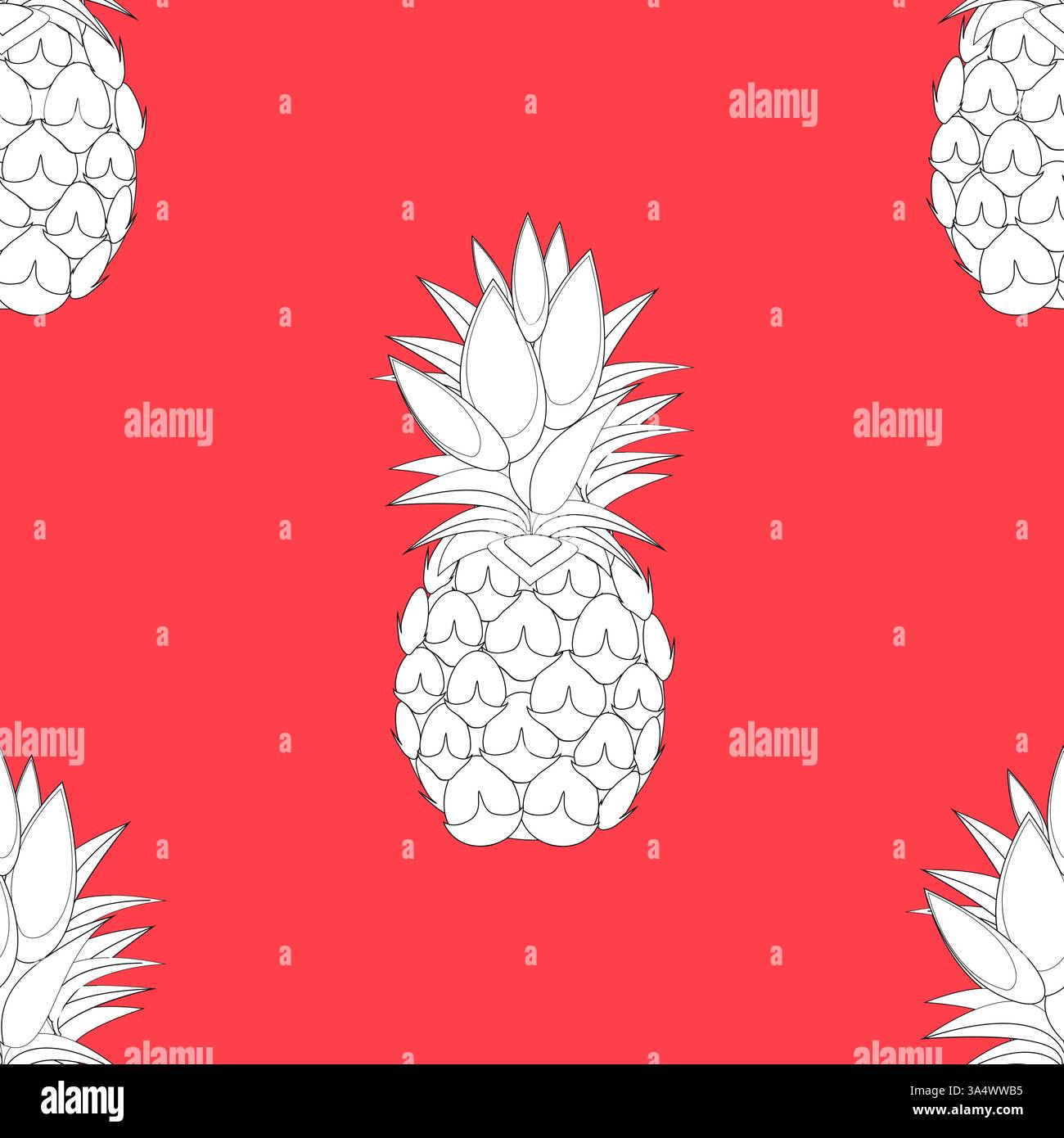 2d lined Pineapples fruit contour abstract seamless pattern on red background wallpaper Stock Vector