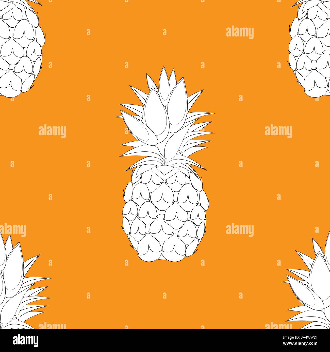 2d lined Pineapples fruit contour abstract seamless pattern on orange  background wallpaper Stock Vector