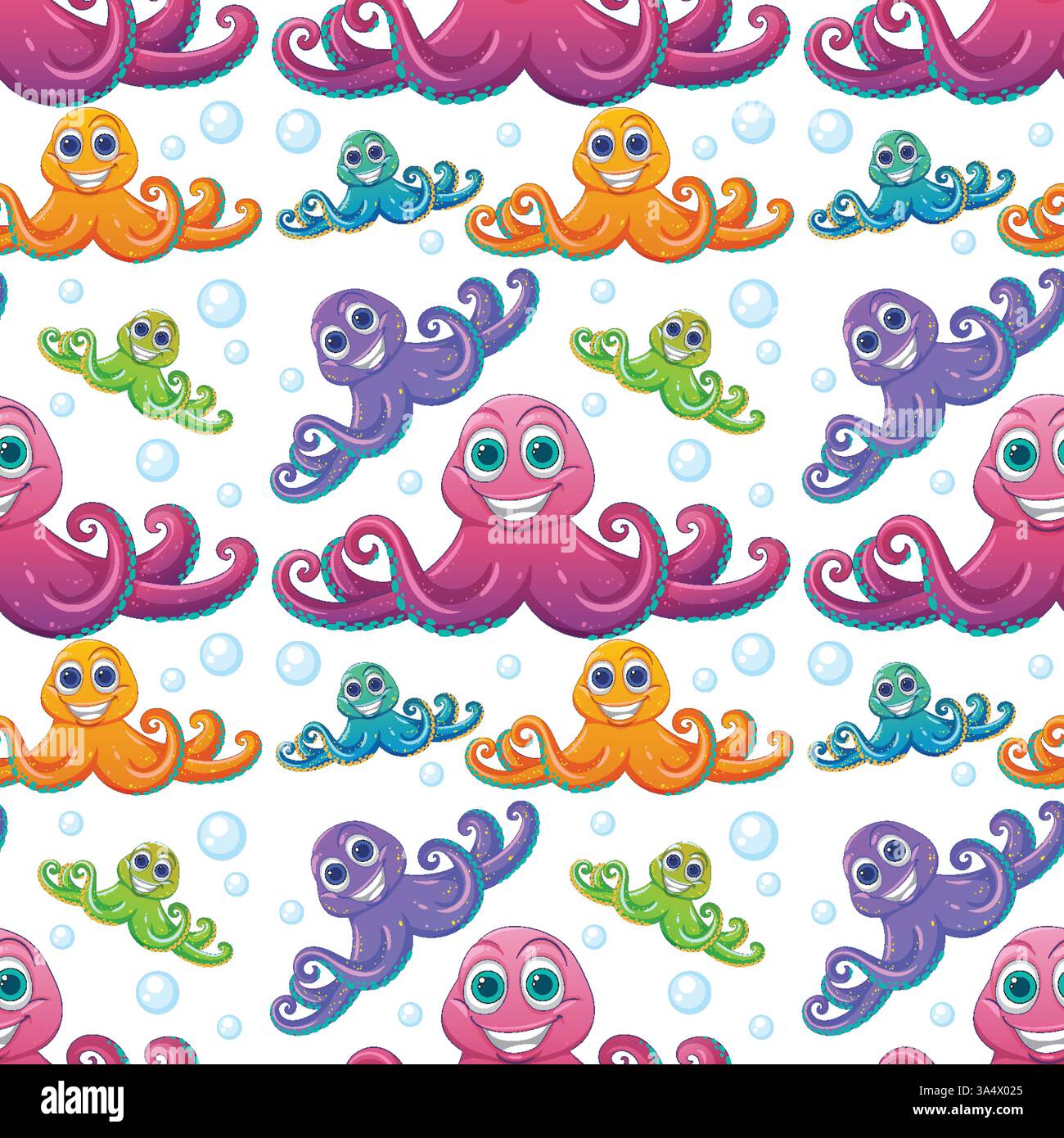 Vibrant octopuses with bubbles in a playful pattern Stock Vector