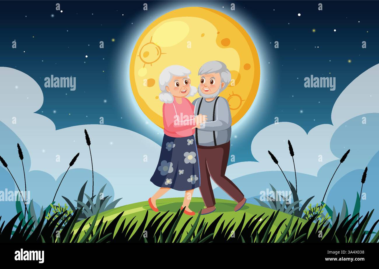 An elderly couple dances beneath a glowing moon Stock Vector Image ...