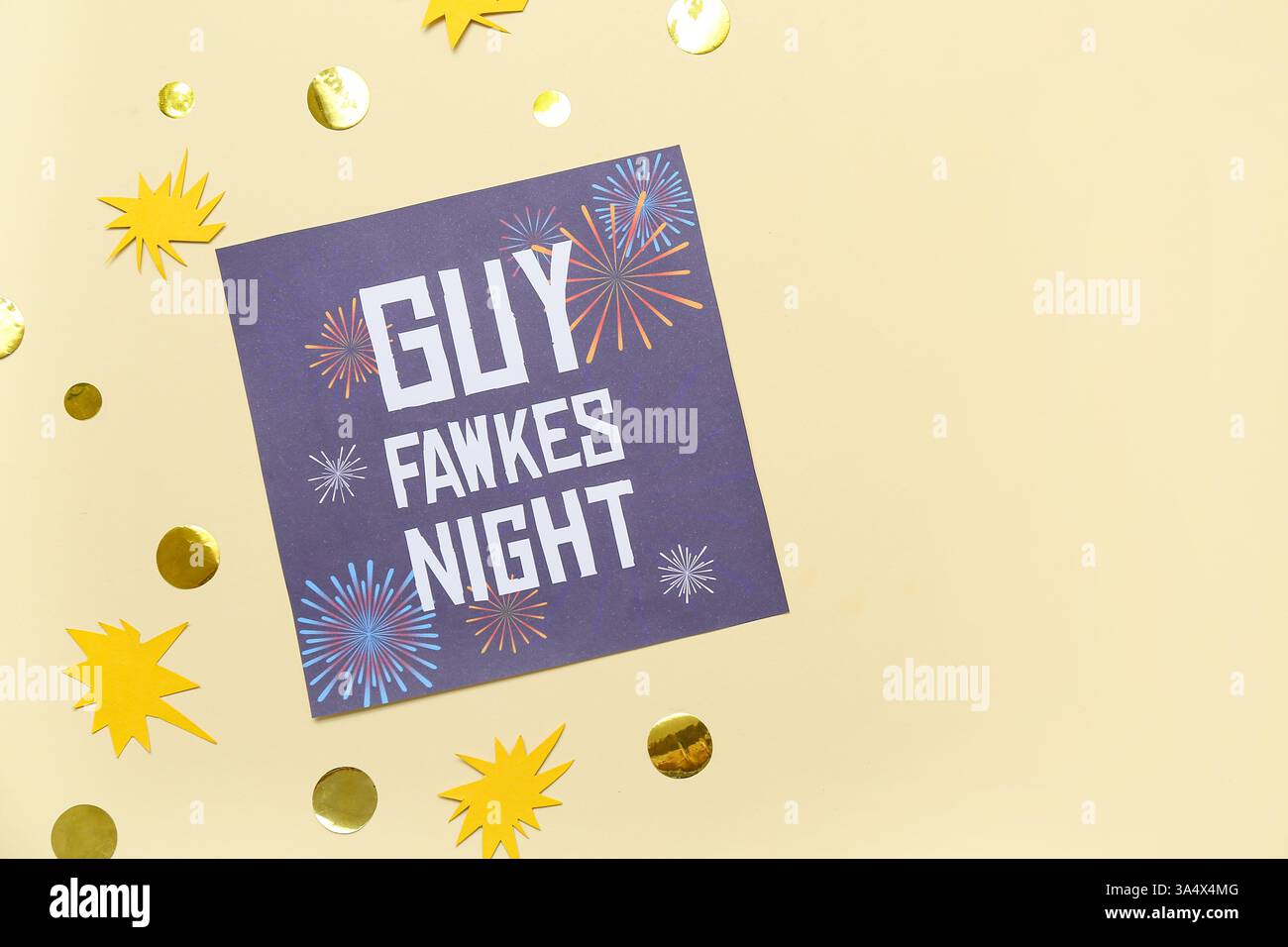 Greeting card for Guy Fawkes night with confetti and paper decor on ...