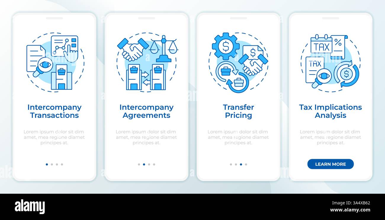 Intercompany transaction process blue onboarding mobile app screen Stock Vector
