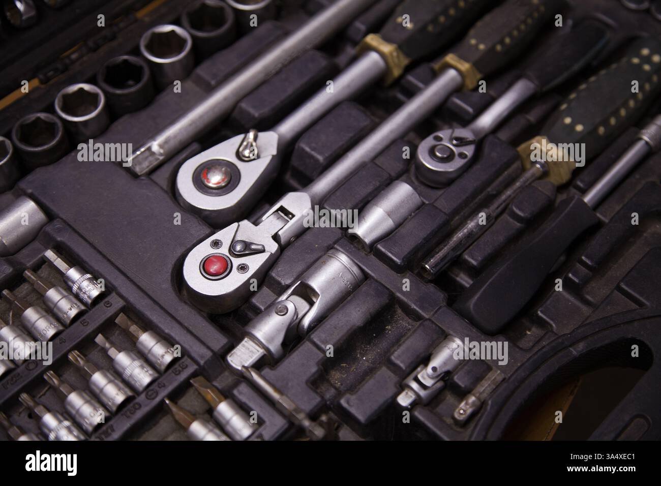 Background with car tool set with ratchets and sockets Stock Photo