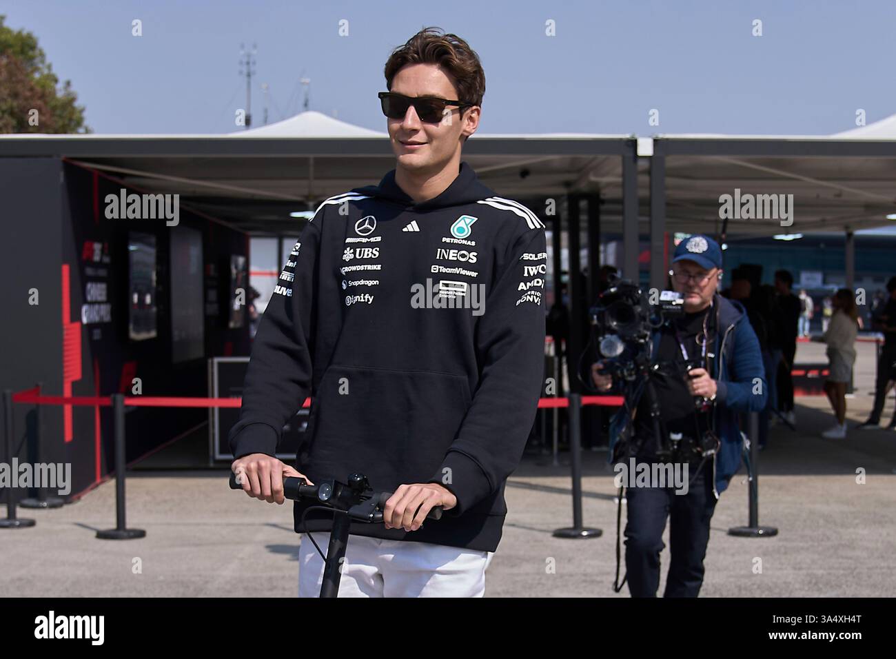 Mercedes driver George Russell of Britain arrives at the Shanghai ...