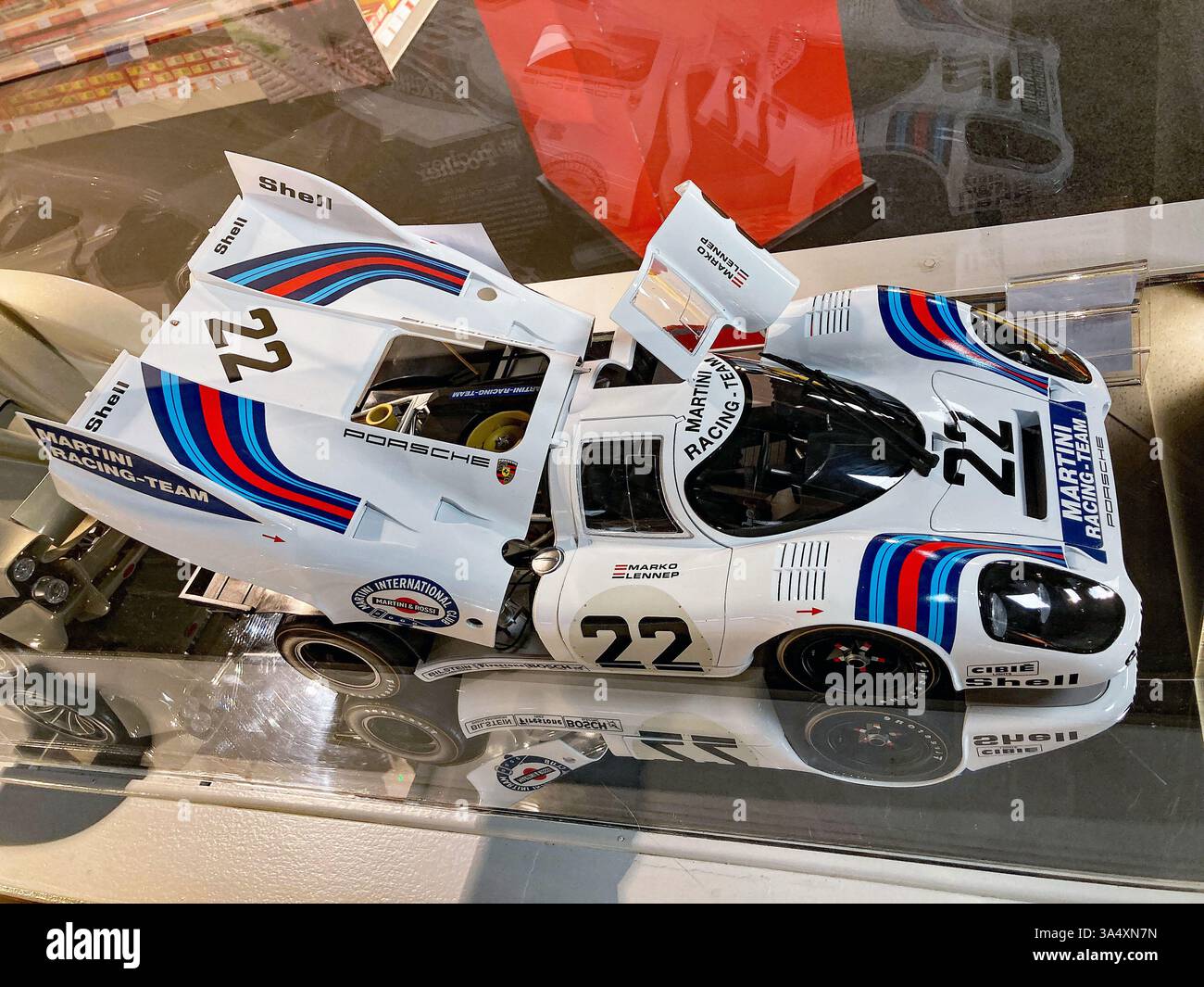 A Pocher 1:8 Model of a Porsche 917KH Martini, on display at Dreamwork's, Margate. - Smartphone Captured Stock Image