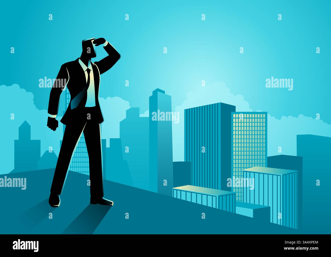 Businessman stands atop a high-rise building, hand on forehead, gazing ...