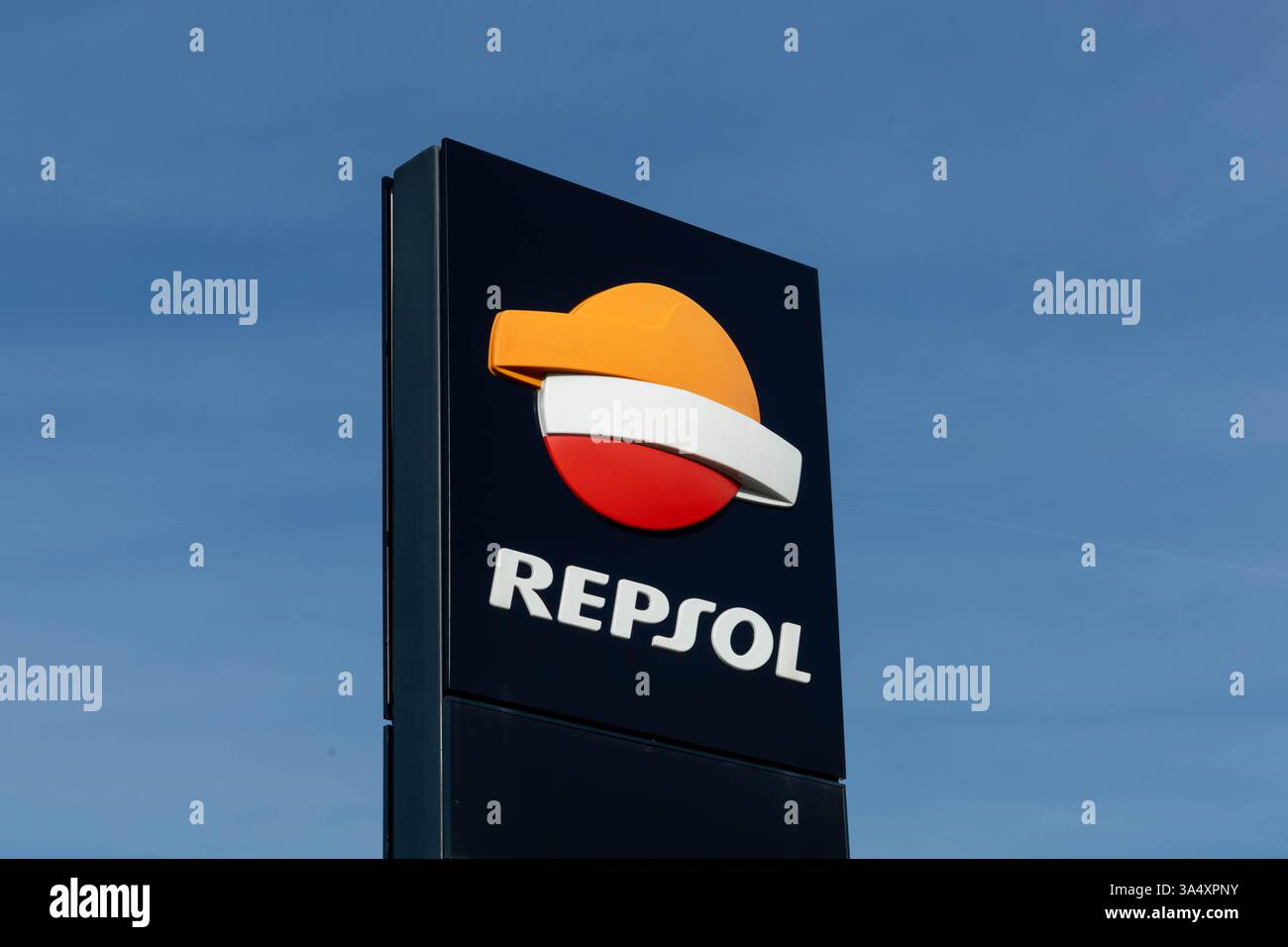 Repsol logo sign on the canopy. Repsol is a global multi-energy ...