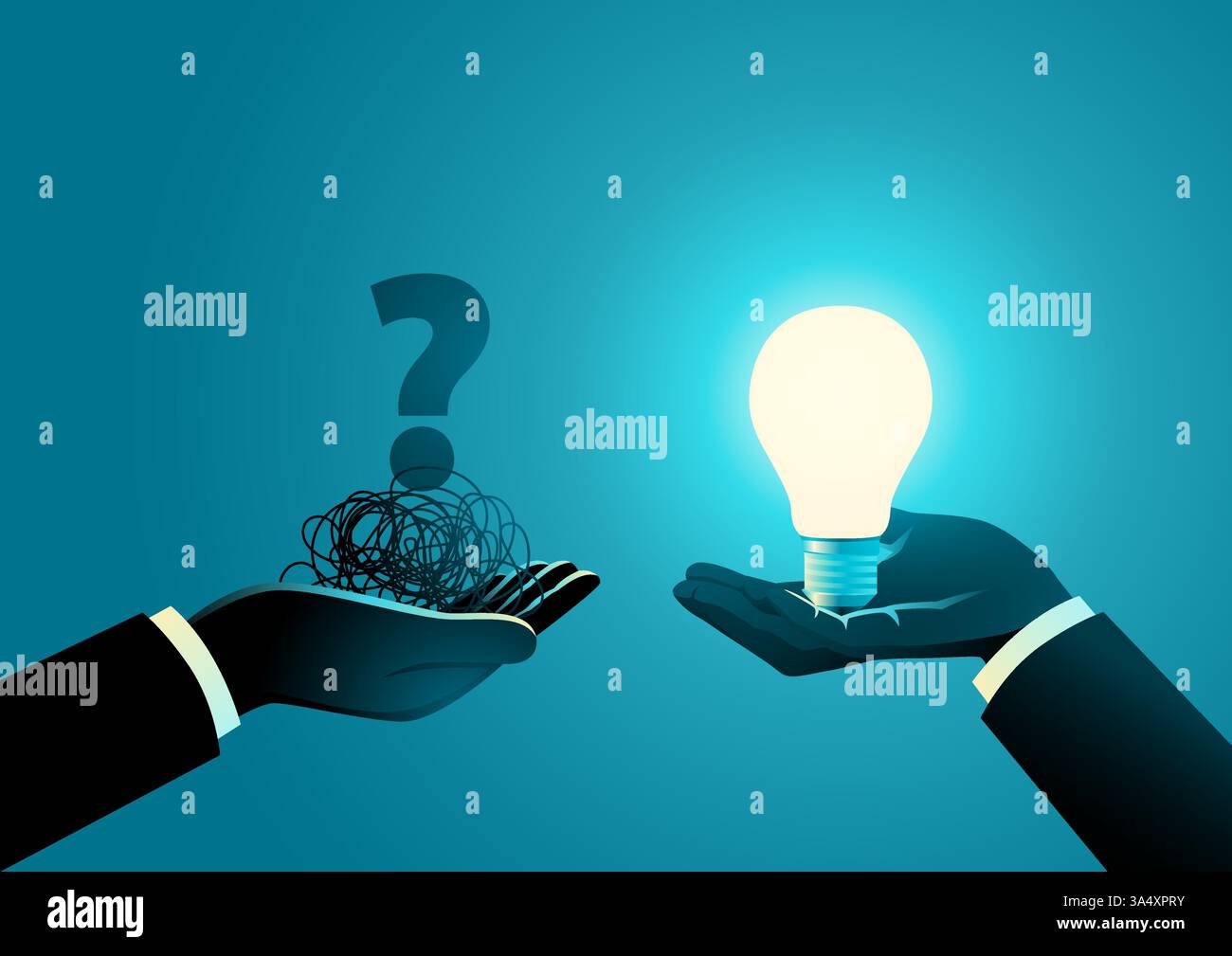 Hand offering light bulb to another hand holding tangled thread with question mark. Problem solving, guidance, innovative solutions, teamwork. Stock Vector