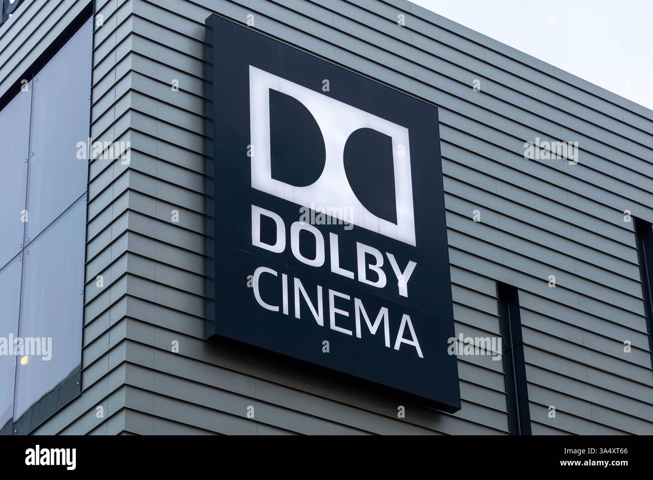 Dolby Cinema logo sign. Dolby Cinema combines the most powerful audio and visual technologies with an innovative design Stock Photo
