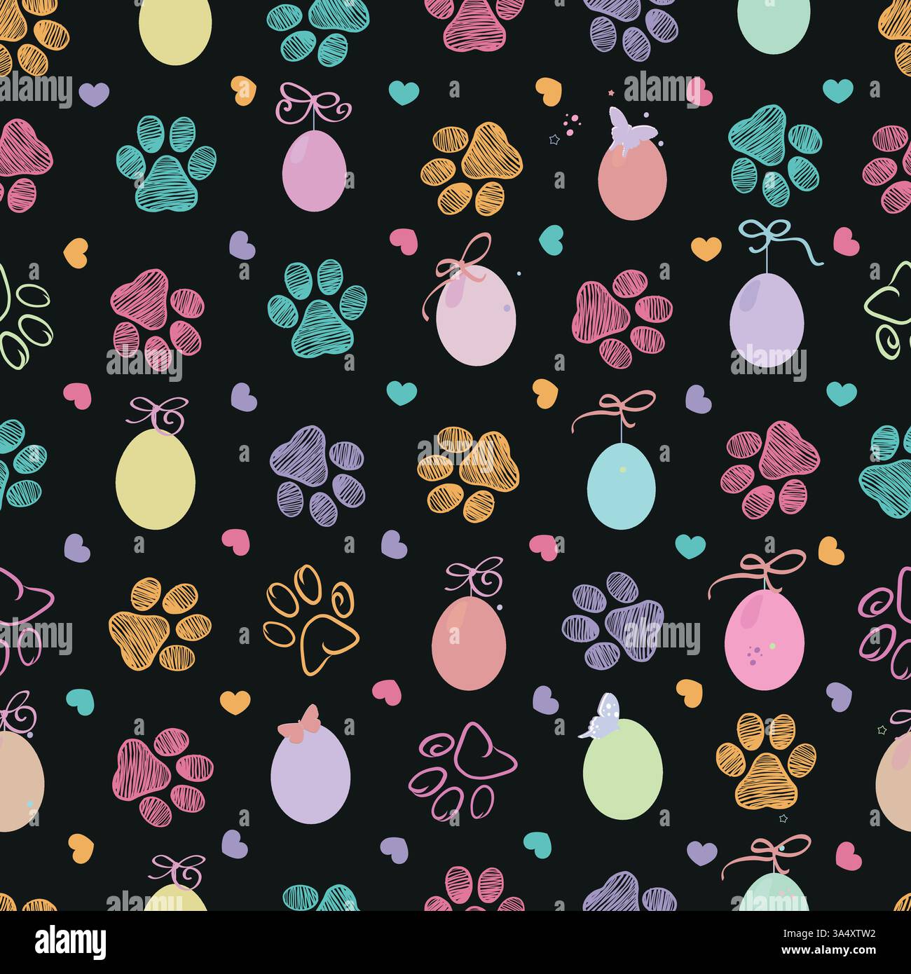 Colorful doodle paw print and easter eggs Stock Vector