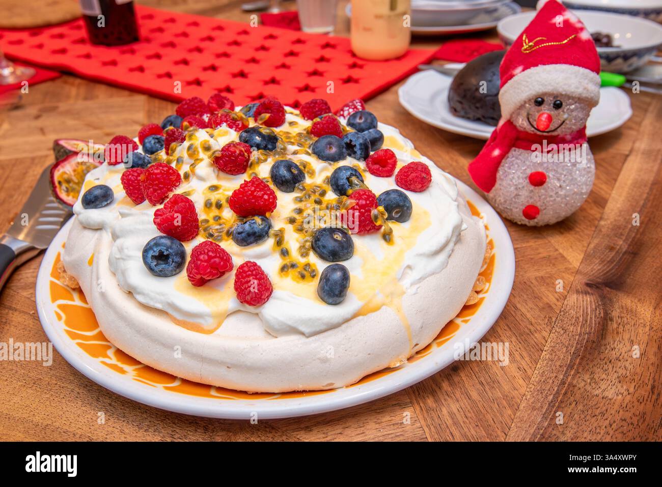 An Australian Christmas in July, home made Pavlova dessert covered in