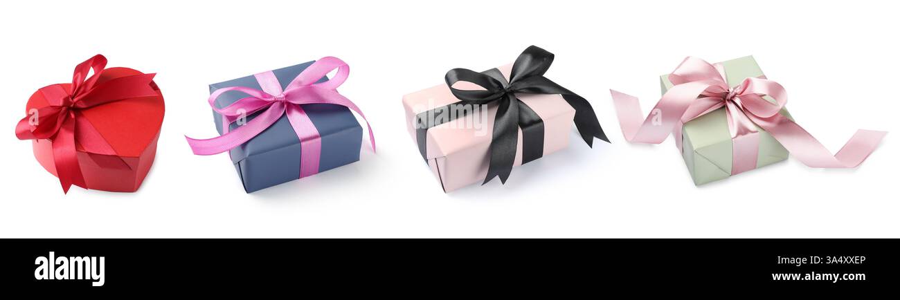 Different gift boxes with ribbon bows on white background, set Stock ...