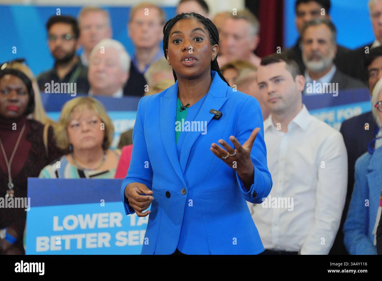 Conservative Party leader Kemi Badenoch speaking at their local ...