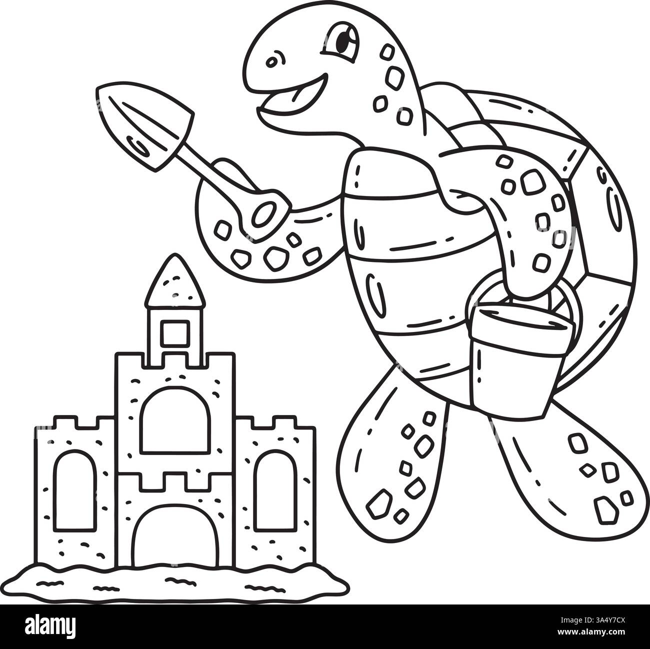 Turtle Building Sandcastle Isolated Coloring Page Stock Vector Image ...