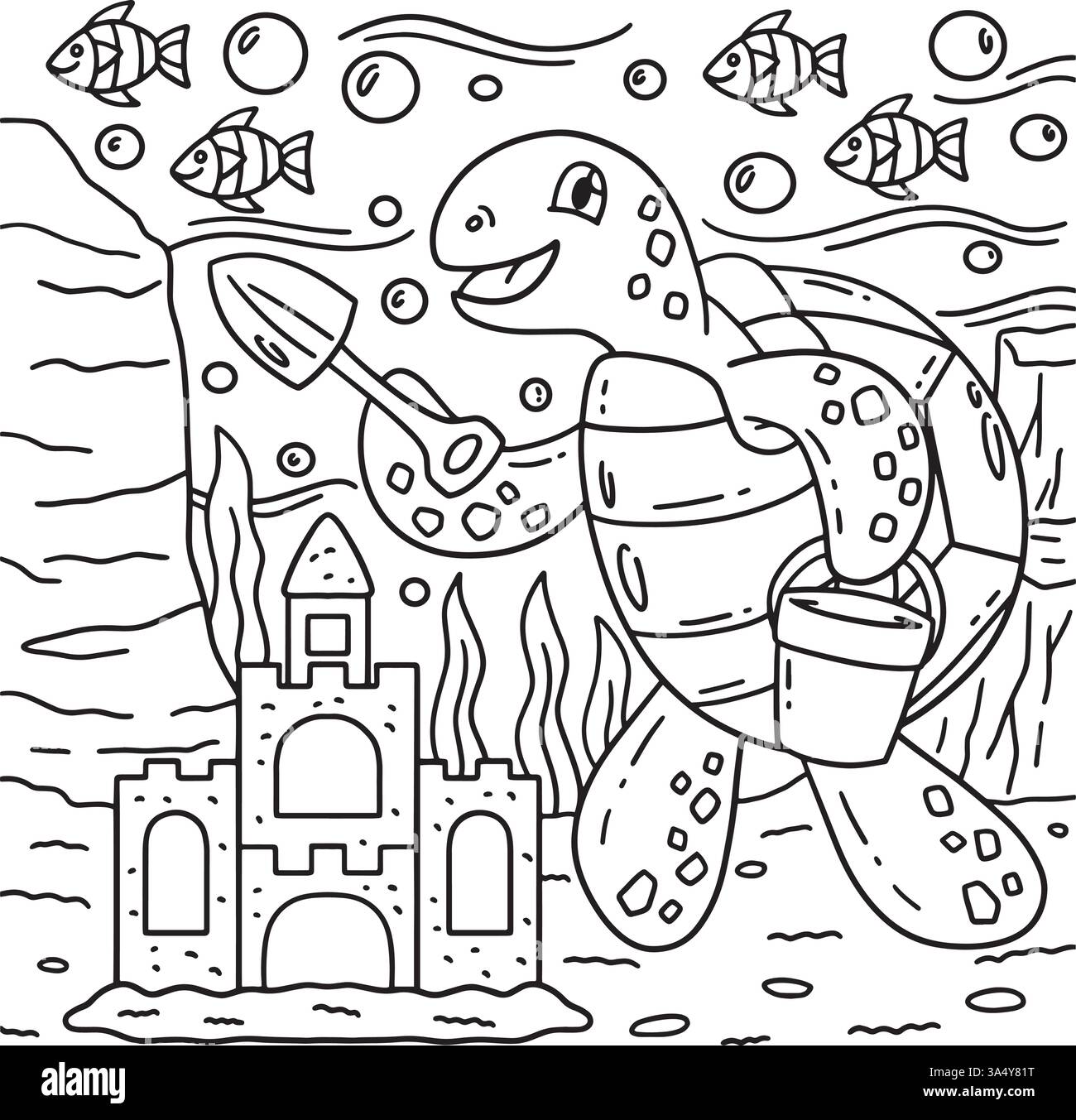 Turtle Building Sandcastle Coloring Page for Kids Stock Vector Image ...