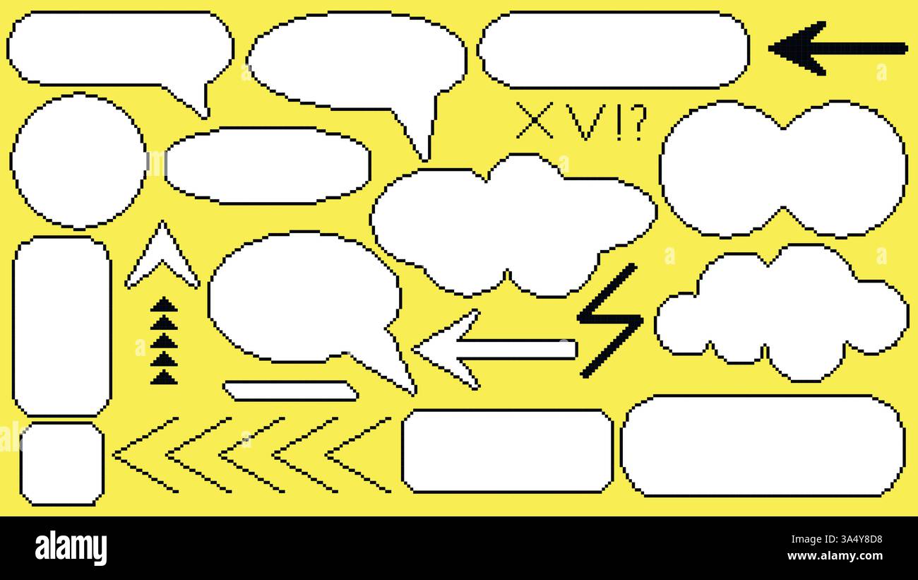 Set of pixel art elements including text bubbles, frames, arrows, pointers Stock Vector