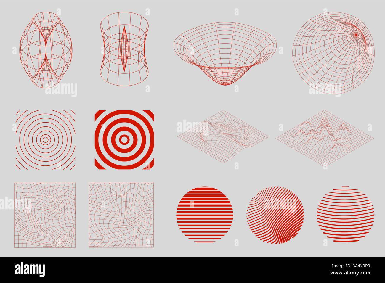 Red wireframe structures, waveforms, and geometric grids arranged in symmetrical patterns on light background. Science. Stock Vector