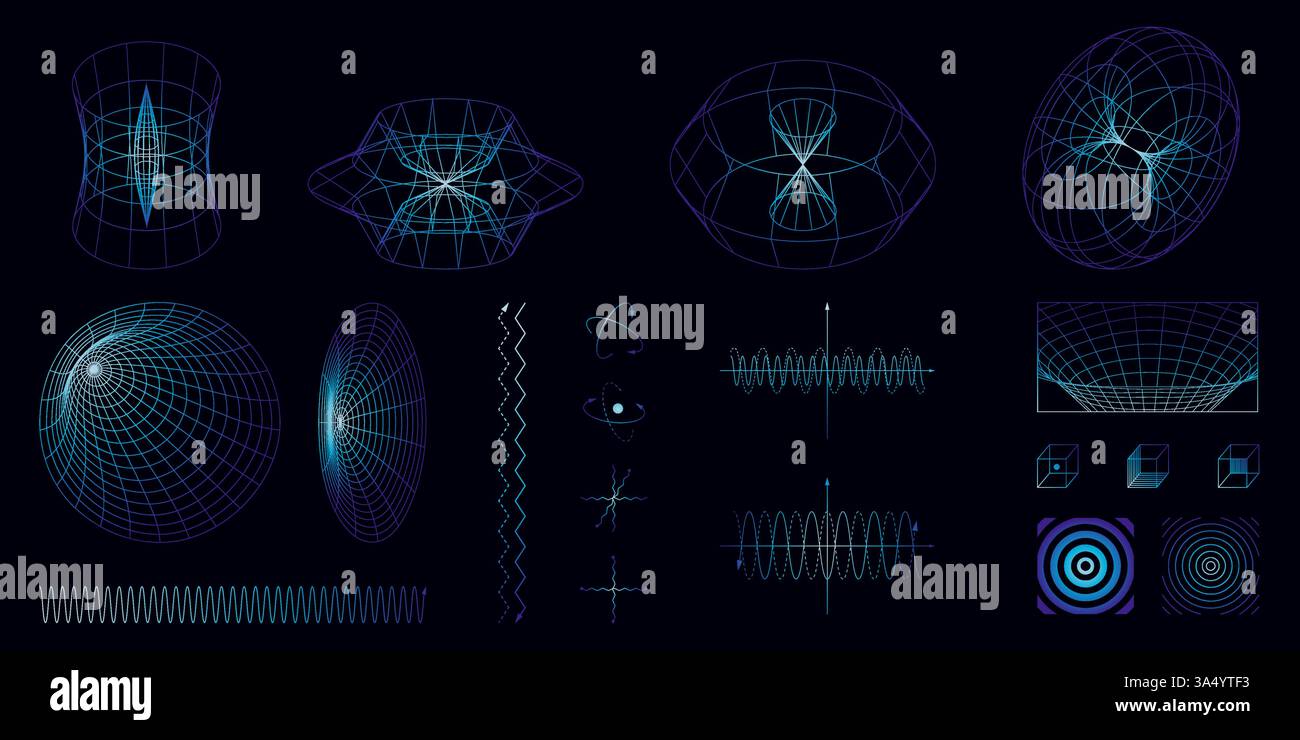 Gradient-toned scientific waveforms, mathematical grids, force fields, and atomic orbits in blue and orange hues. Science. Stock Vector