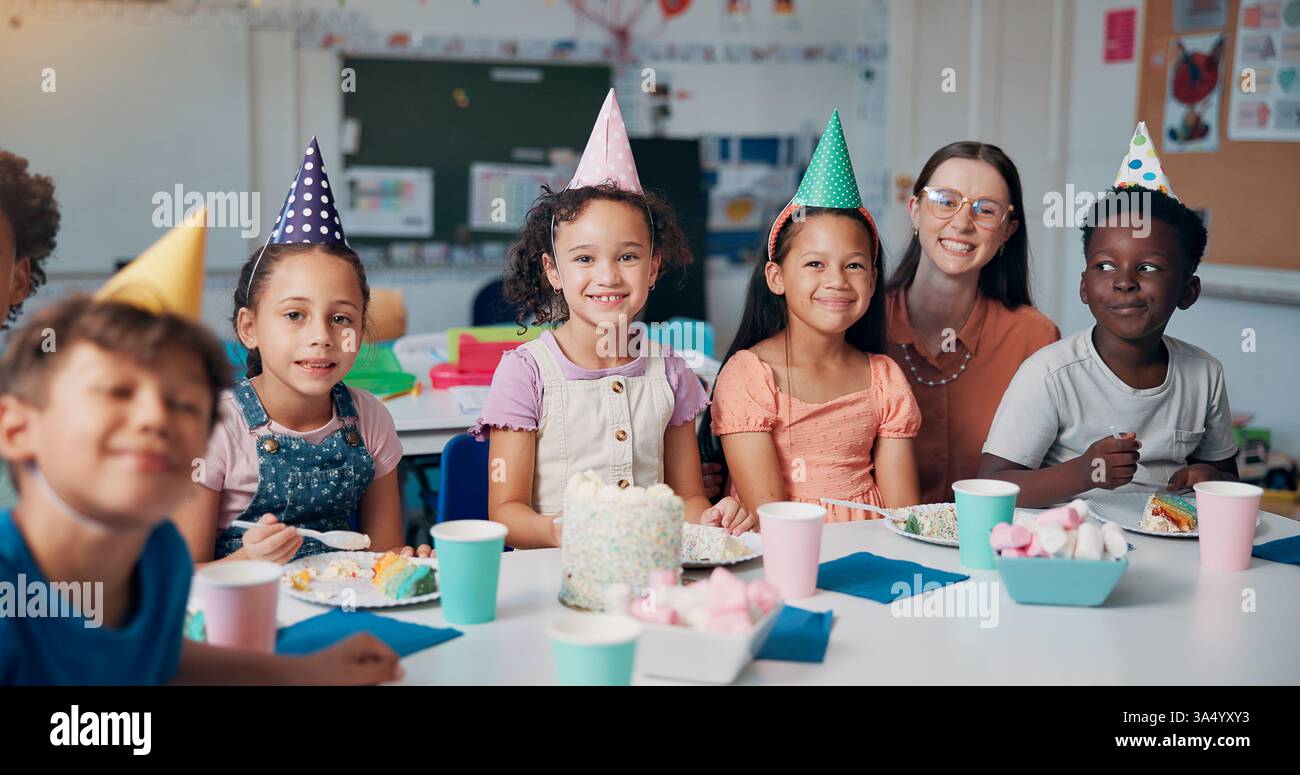 Birthday, portrait and kids with teacher in classroom for group party ...