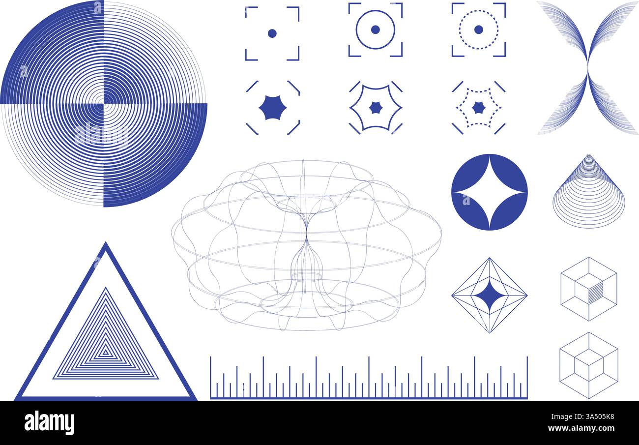 Circular, triangular, and cube-like geometric elements combined with fluid scientific structures, reflecting symmetry and balance. Science. Vector Stock Vector