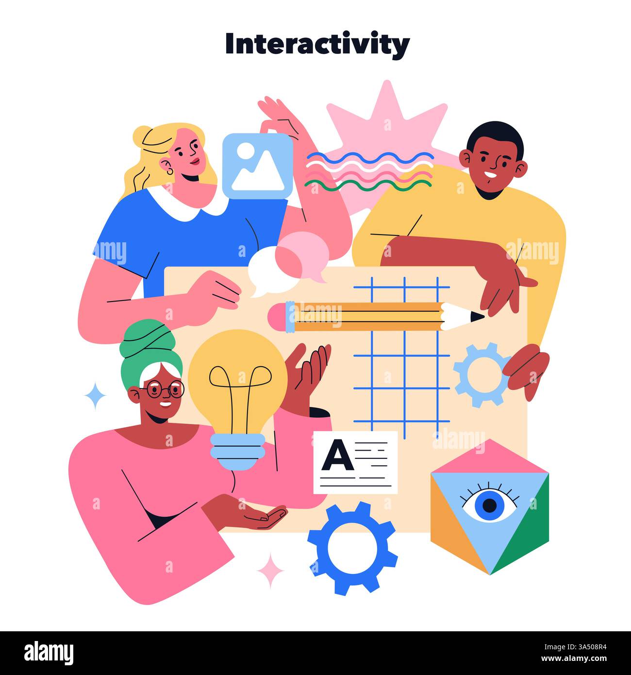 Workshops foster collaboration and creativity through interactive activities. Participants engage in brainstorming, problem-solving, and sharing ideas while exploring innovative concepts visually. Vector illustration. Stock Vector