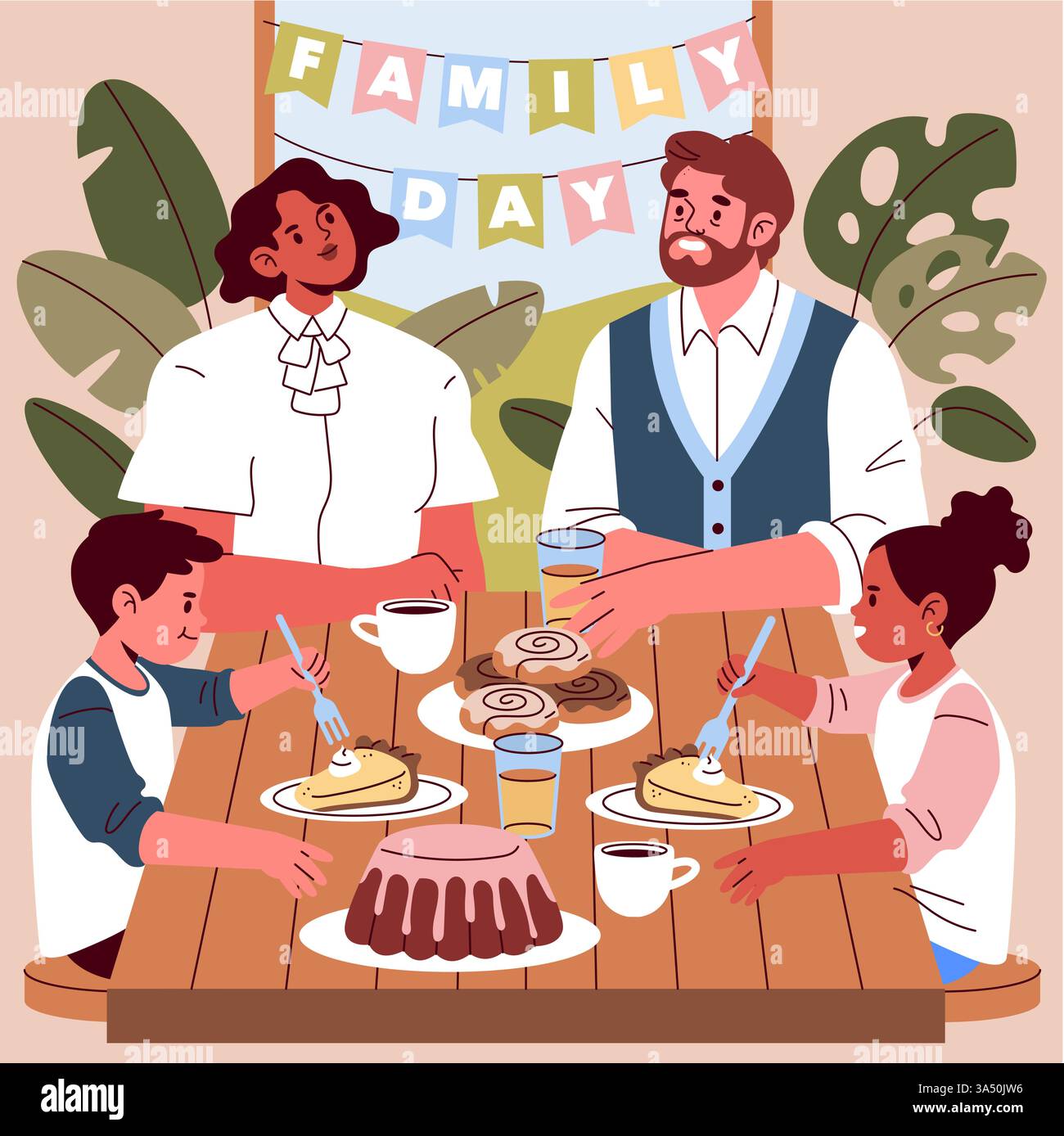 learn python together: a joyful cartoon gathering... Family Day gathering illustration. A joyful family enjoys time together ...