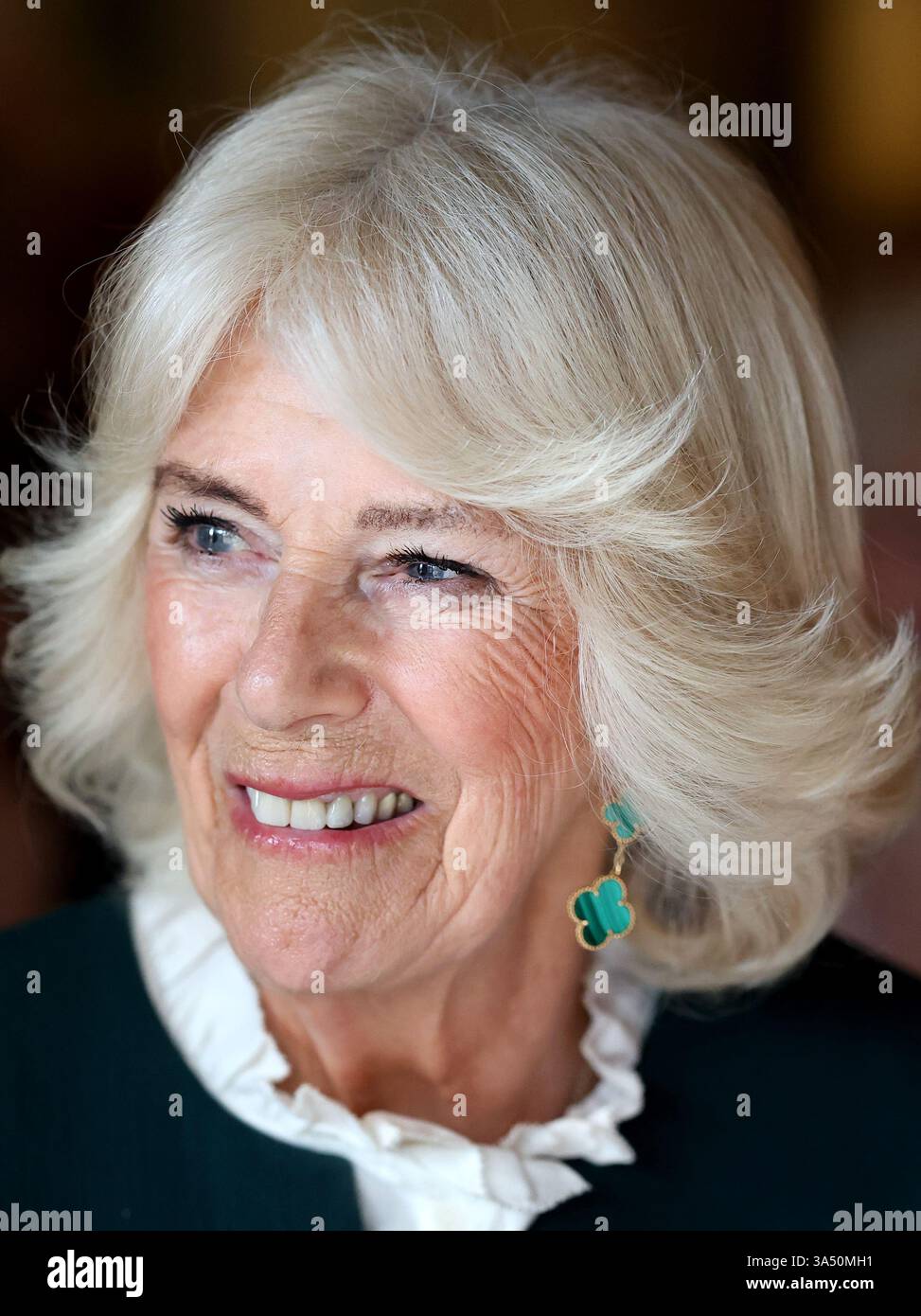 Queen Camilla speaks with representatives from charities as she hosts a