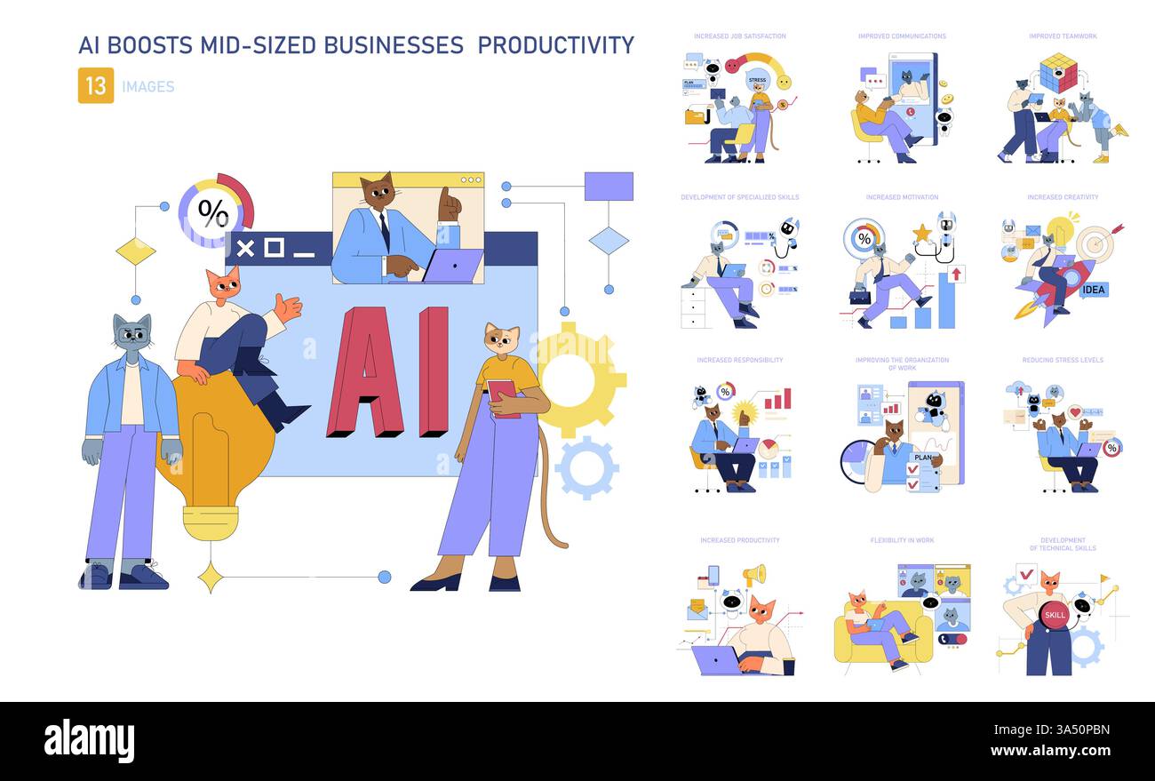 AI Boosts Mid-Sized Businesses set. Exploring how artificial intelligence enhances productivity, communication, and creativity. Various office scenarios with anthropomorphic characters. Vector illustration. Stock Vector