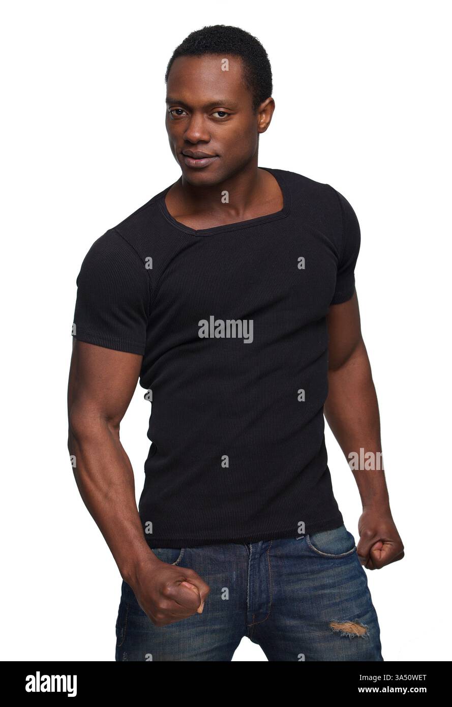 African American man standing against a white background with a ...