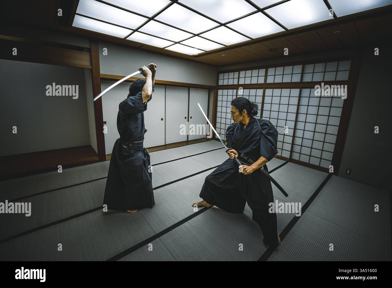 Samurai training in a traditional dojo in Tokyo. Dynamic martial arts ...