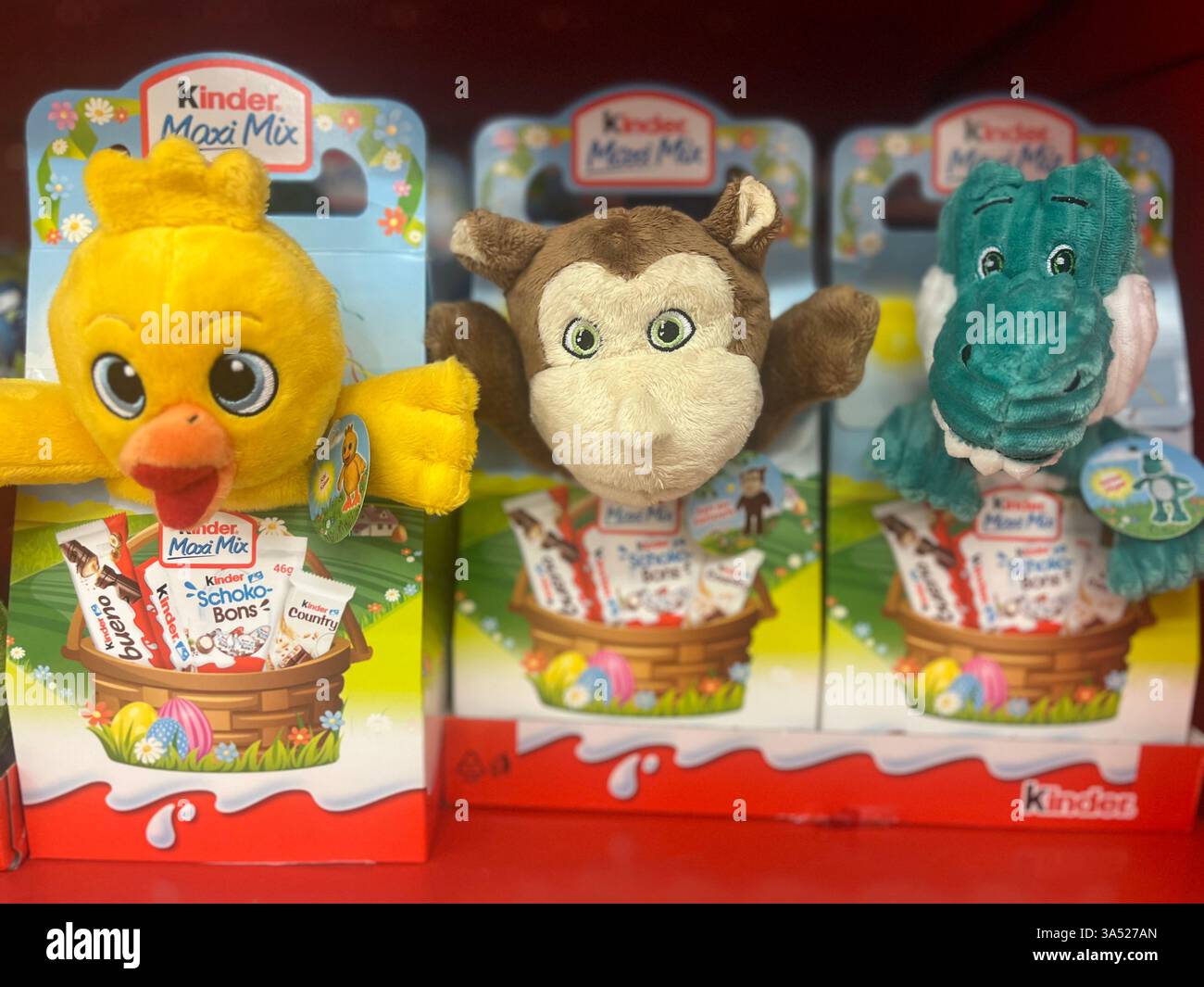 Kinder, Easter, Kinder Maxi Mix, Kinder Easter presents, Easter eggs, Easter toys, Schoko bons, Choko toys, plush toys, Easter present package, 2025 - Smartphone Captured Stock Image