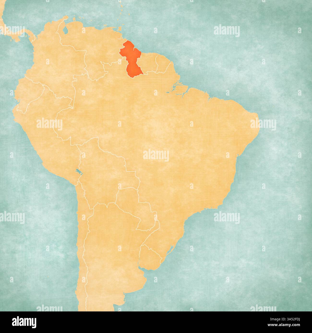 Guyana on the map of Brazil in soft grunge and vintage style, like old ...