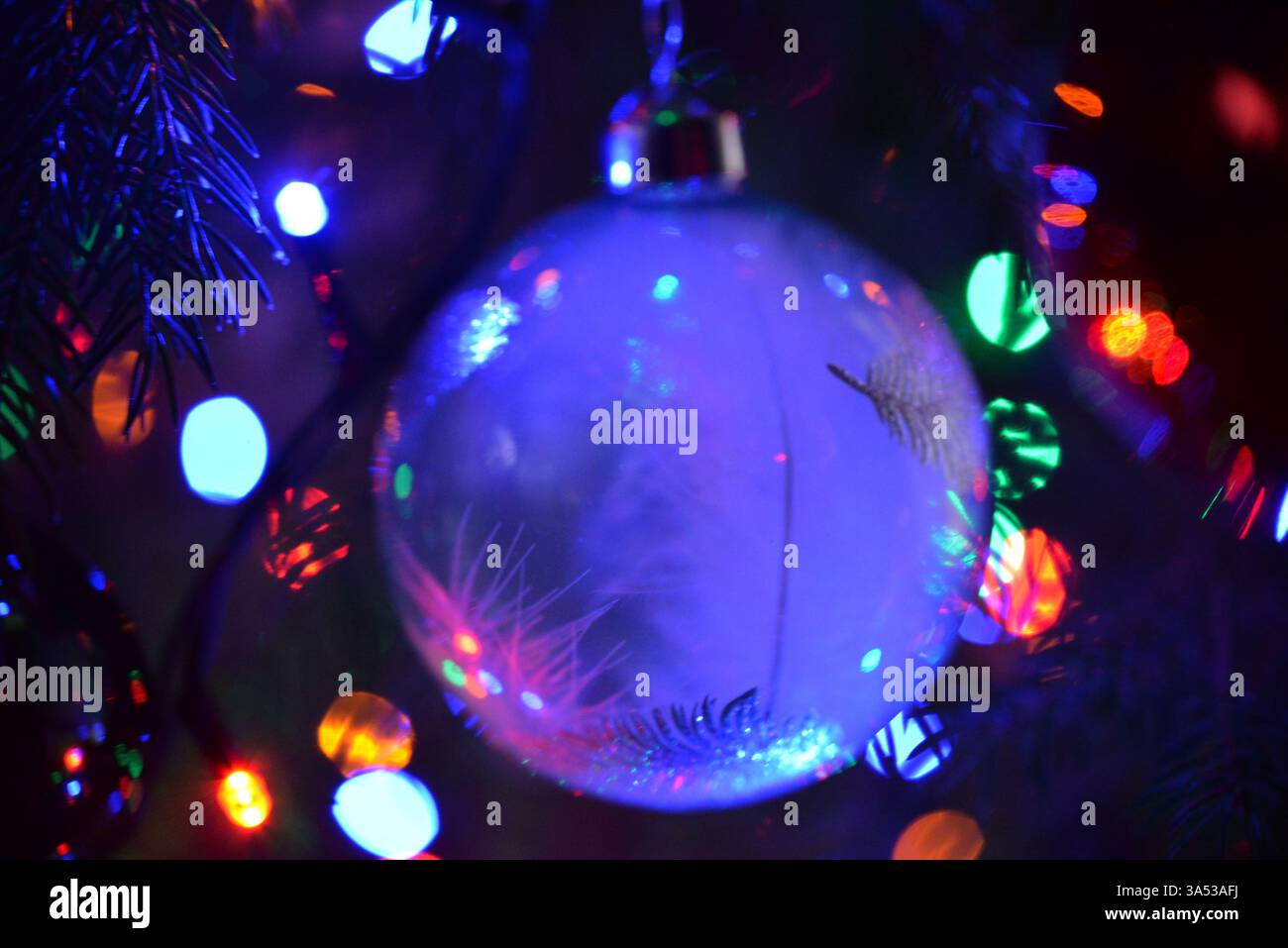 Christmas blue ball with different lights Stock Photo