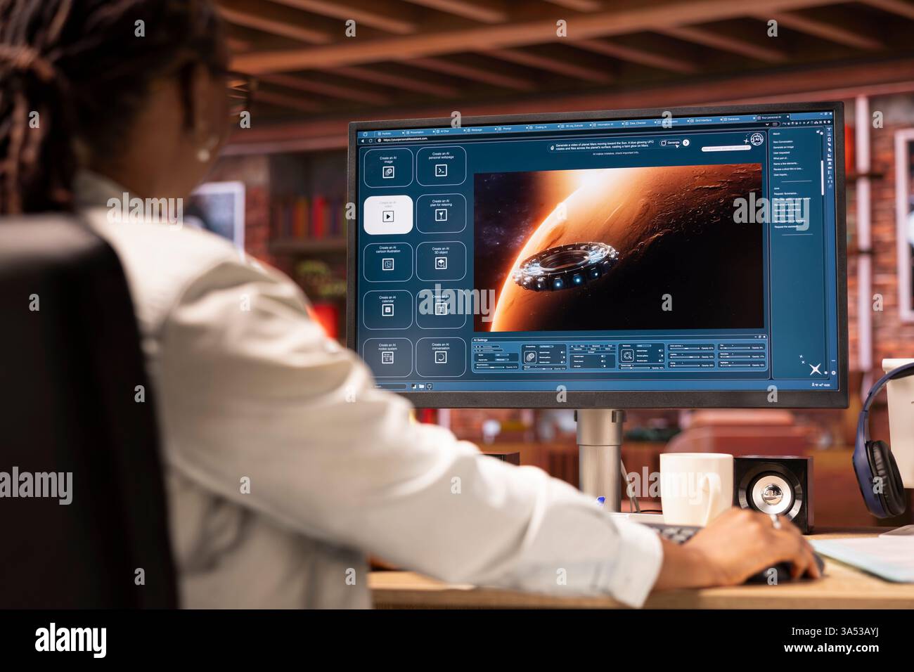 Woman at home using generative artificial intelligence program generating videos using diffusion models, close up. African american person in living room using AI virtual assistant producing clips Stock Photo