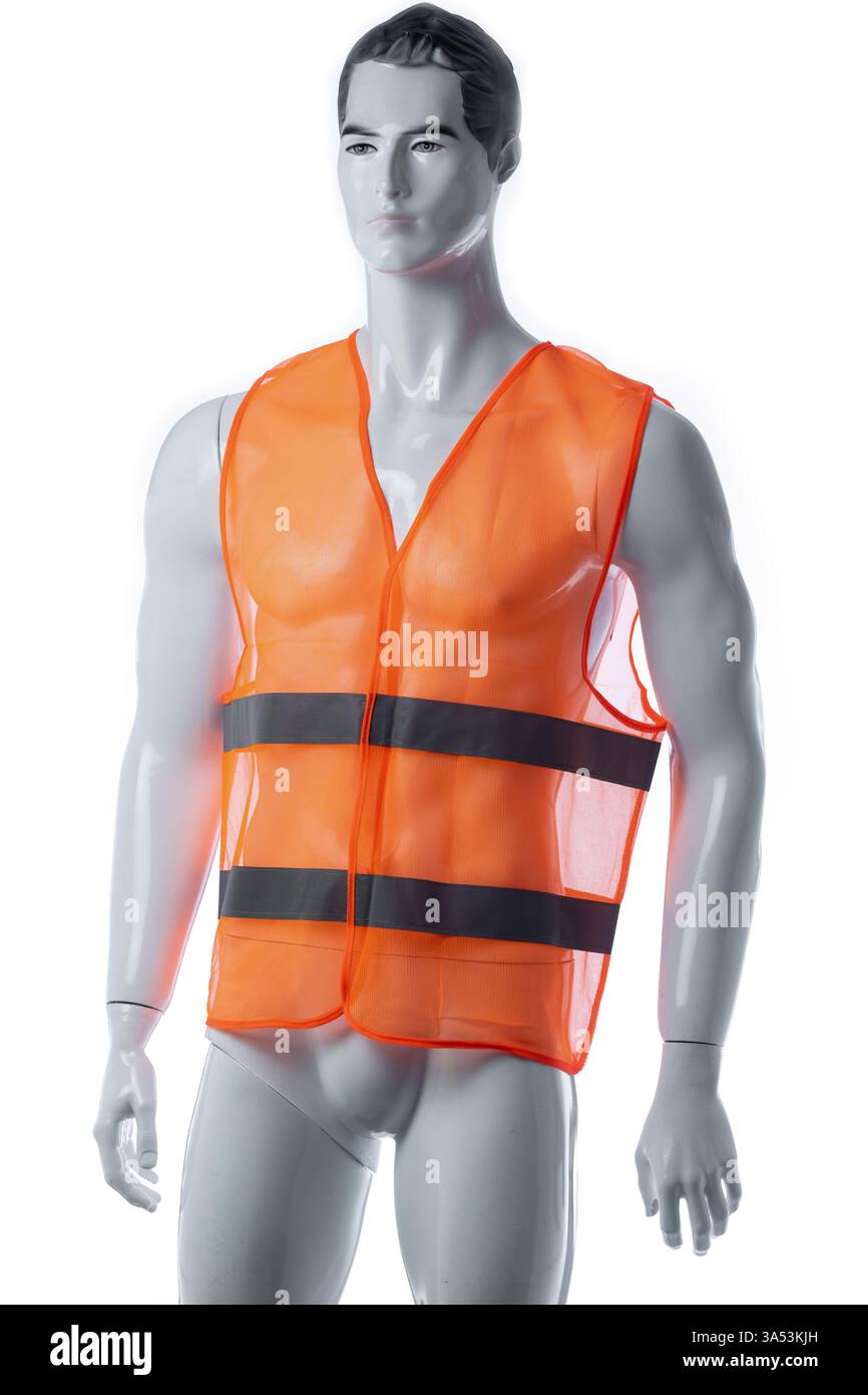 High-Visibility Safety Vest Displayed on a Male Mannequin for Enhanced Visual Awareness in Various Work Environments and Situations Requiring Stock Photo