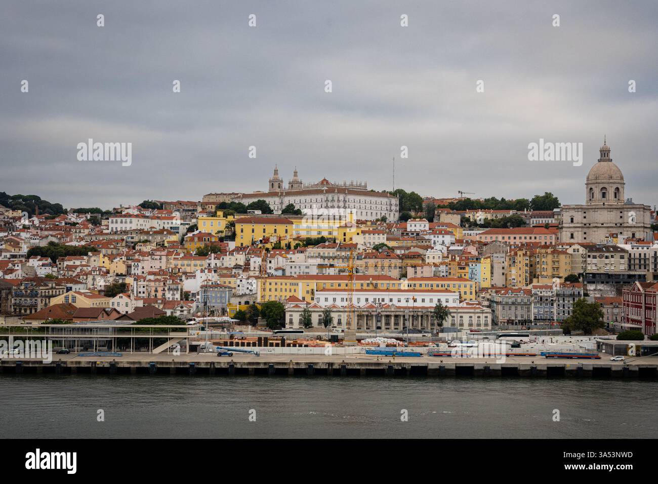 View of Lisbon Portugal port area, on the Tagus River, Rio Tejo in Portuguese on an overcast day. Stock Photo