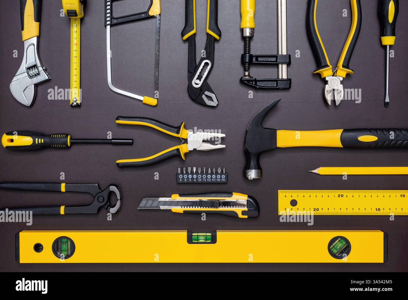 Various hand tools for build and repairing on working table. Stock Photo