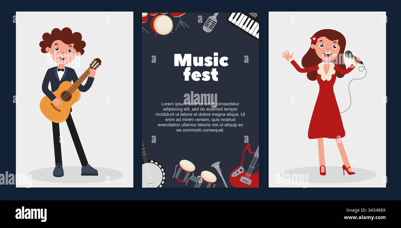 Music festival showcases talented performers with guitar and vocals in vibrant atmosphere Stock Vector
