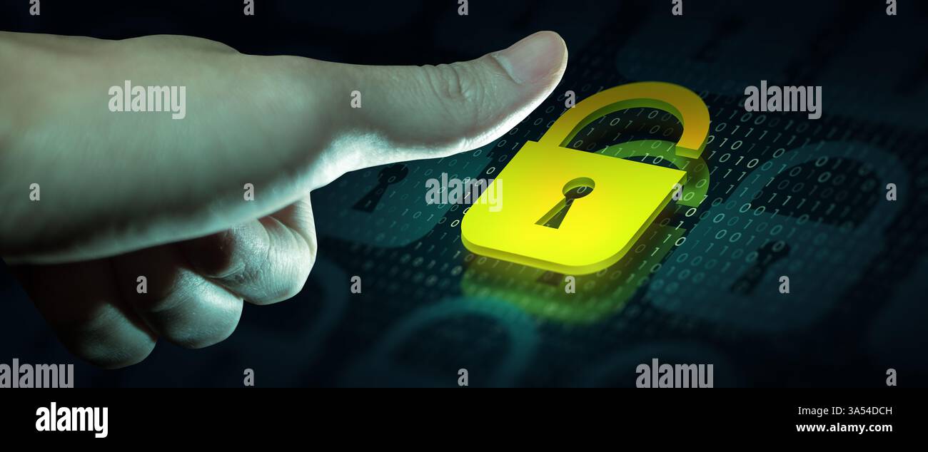 Businessman hand is unlocking security system. Online data security system and network cyber security technology. Cybersecurity Stock Photo