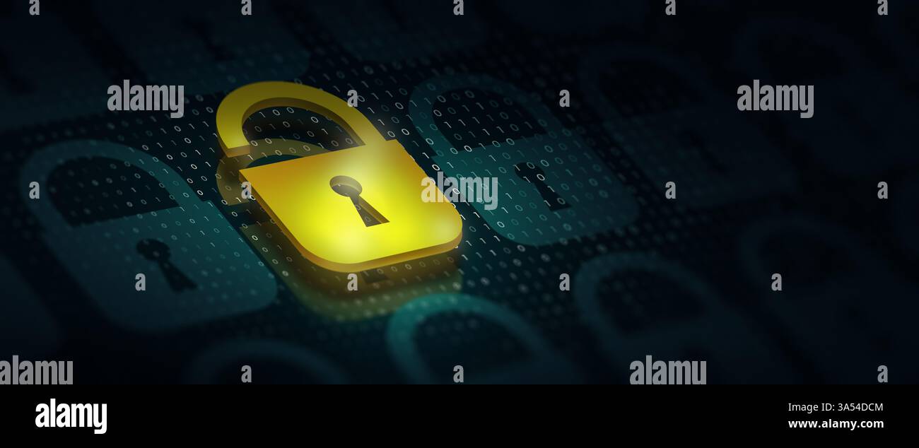 Padlock virus with threat of hacker on Binary background. Online data security system and network cyber security technology. Cybersecurity Stock Photo
